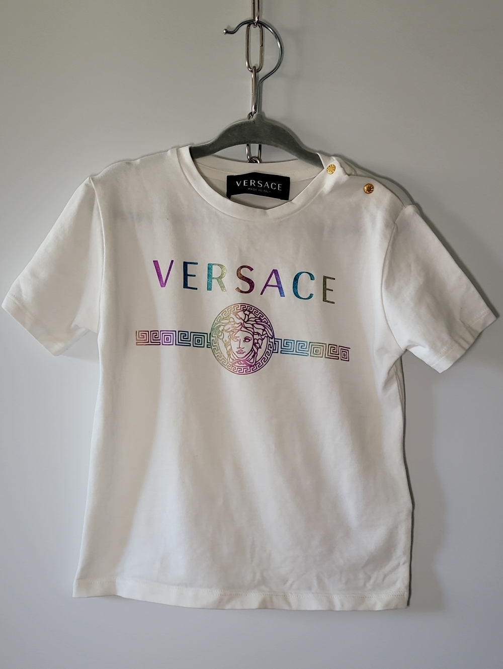 Versace White Tee with Multicolor Foil Logo and Medusa
